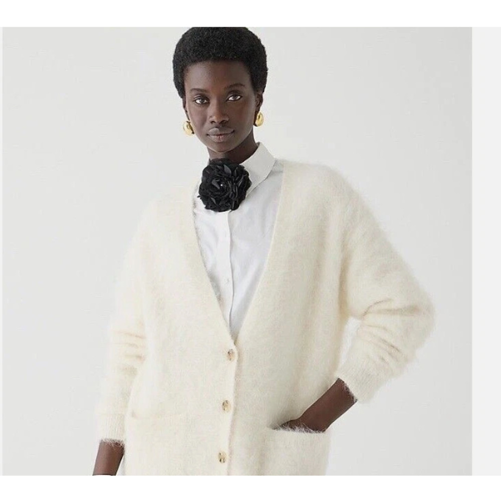 J.Crew Relaxed V-Neck Cardigan Sweater Brushed Alpaca Ivory Quiet Luxury Sz XS